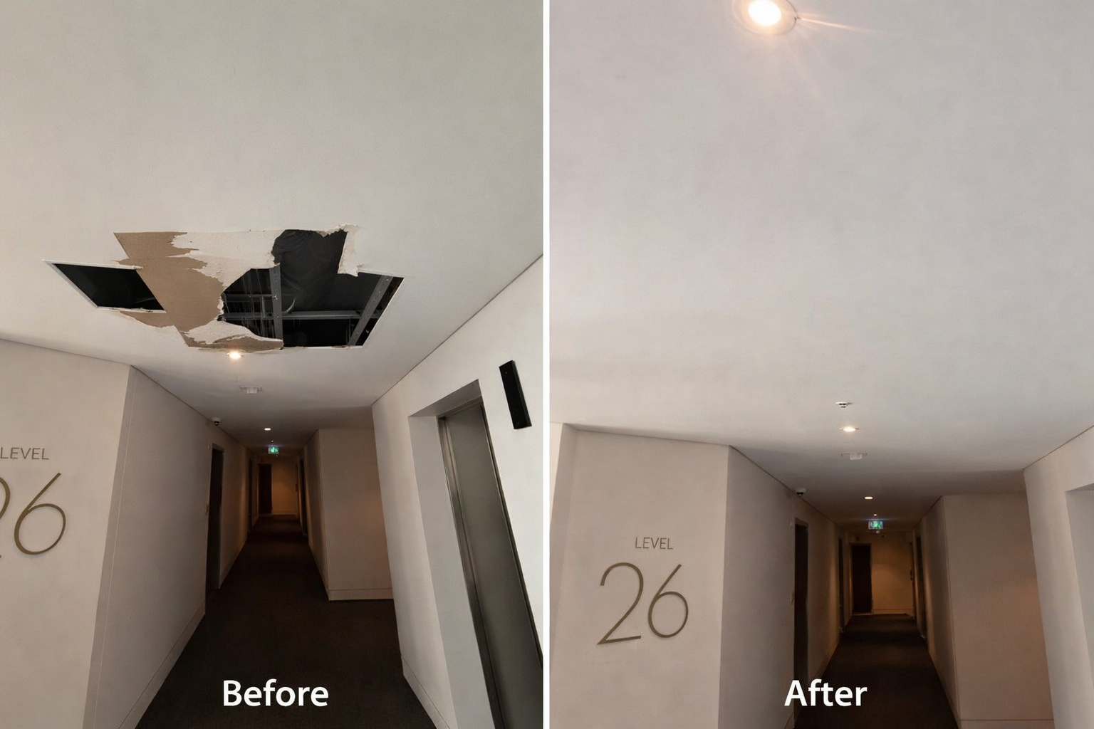 Ceiling repair and smooth finish before and after — Haymarket Level 26