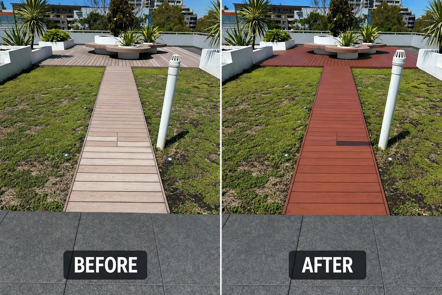 Exterior deck repaint before and after — Alexandria rooftop