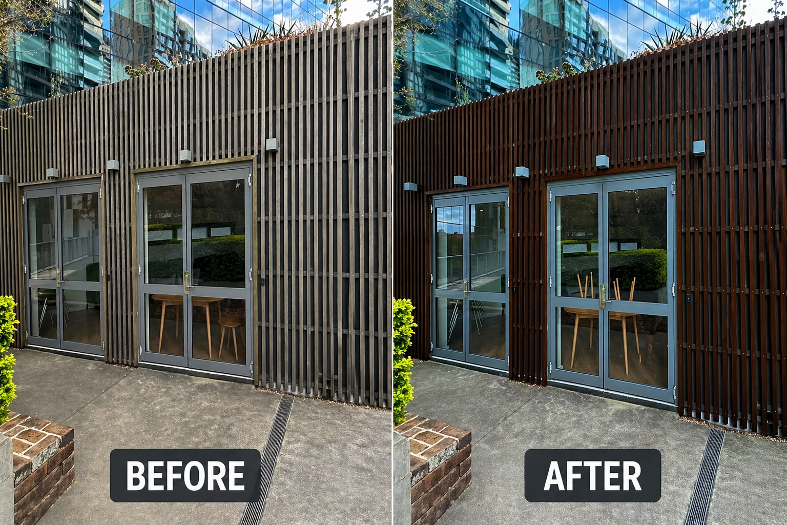 Exterior timber repaint before and after — Darling Square